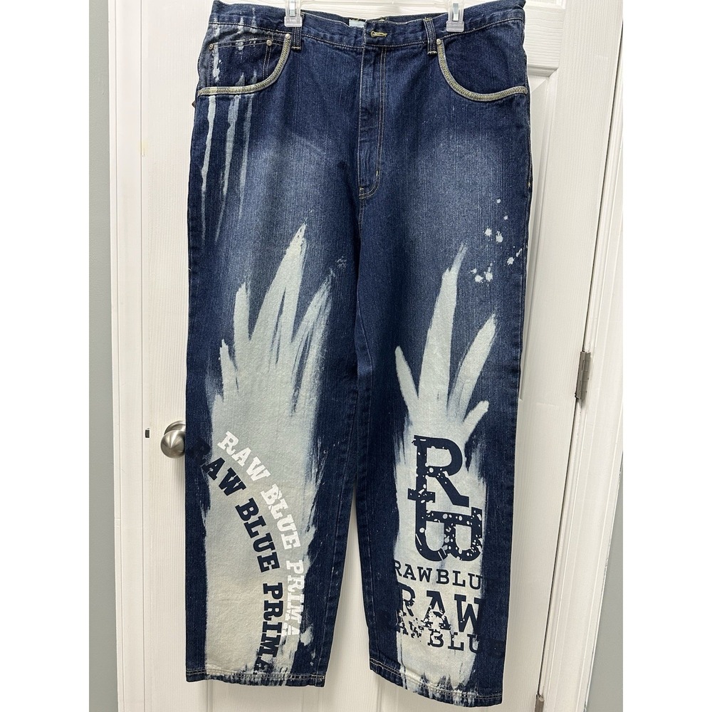 Raw Blue Nu Realms Jeans w Tag Missing Button Linen‎ Cotton 42 x 34 Y2K READ